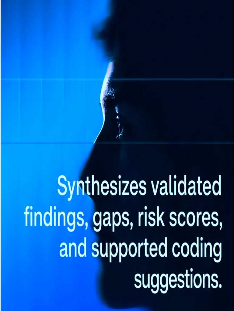 Produce — Synthesizes validated findings, gaps, risk scores, and supported coding suggestions.